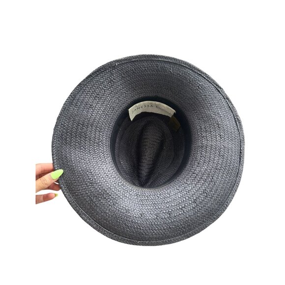 JANESSA LEONE Black Gffray Straw Wide Brim Hat Size Medium - Picture 4 of 6